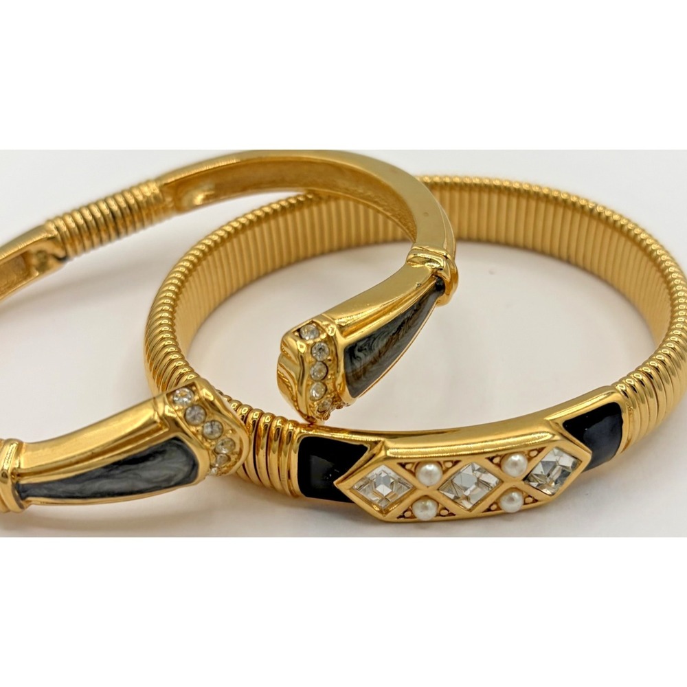 KJL for Avon & Monet Gold Tone Black Enamel Clamper Bracelet Lot